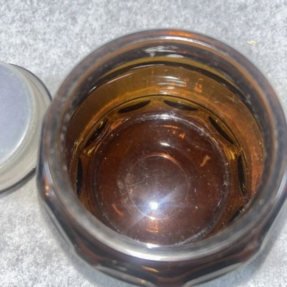 Set 4 Cremora VNTG 1970's Dark Amber Brown Glass Apothecary Jar  Starburst Lid